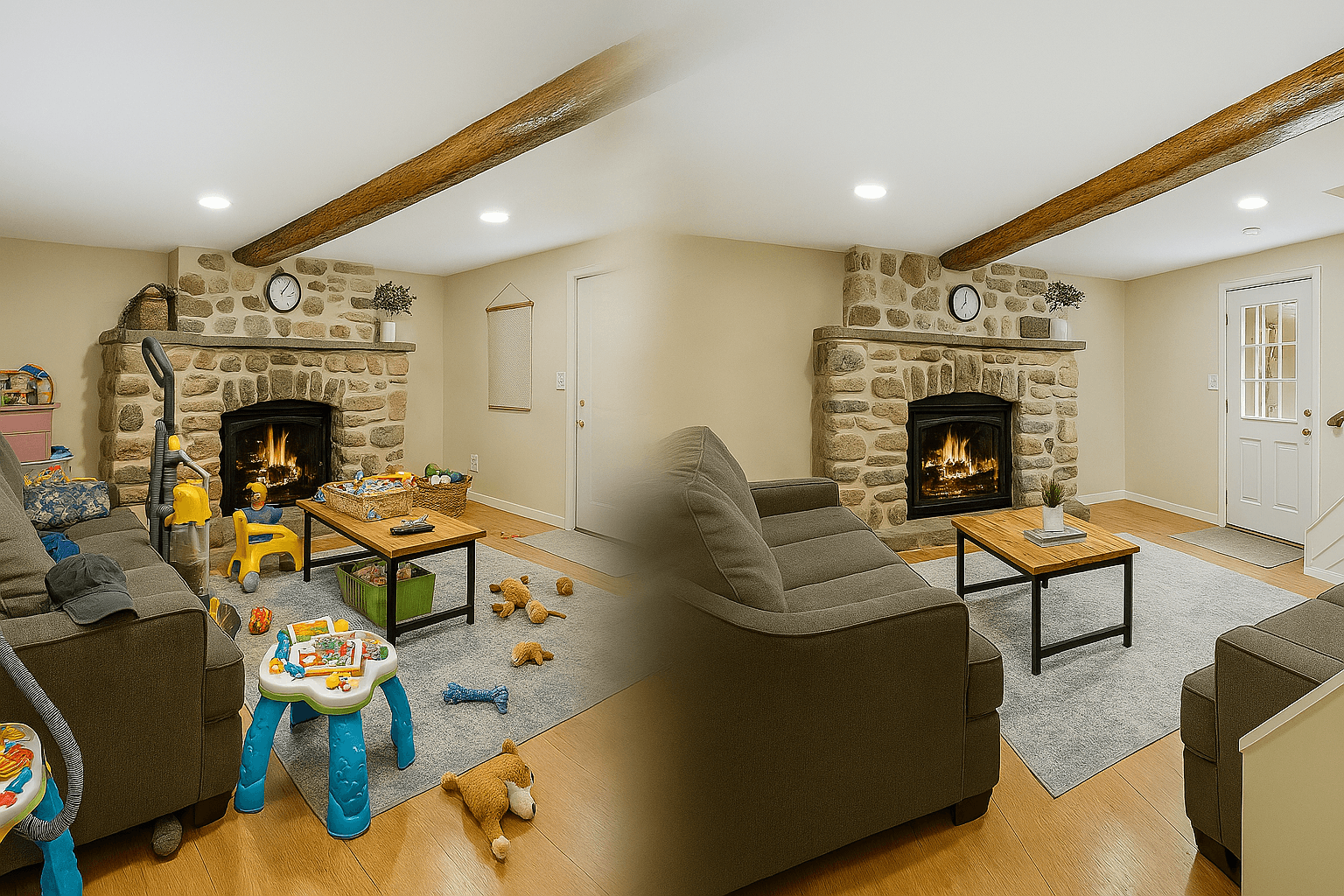 A cluttered room that needs preparation for photography