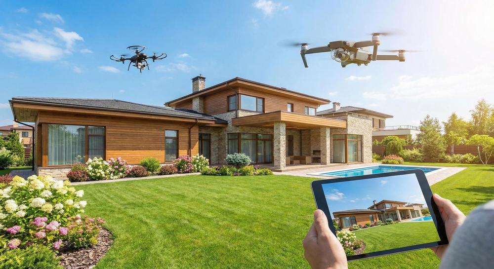 Drone capturing aerial real estate photo of a suburban home