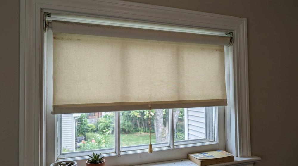 Tension blinds that should be removed before listing - often broken or dated