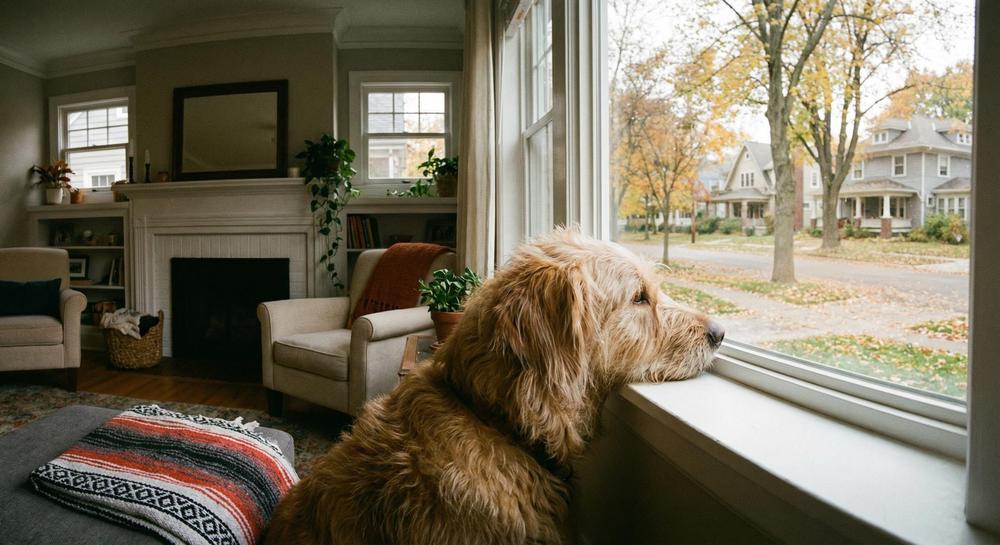 Dog looking out window at quiet suburban street